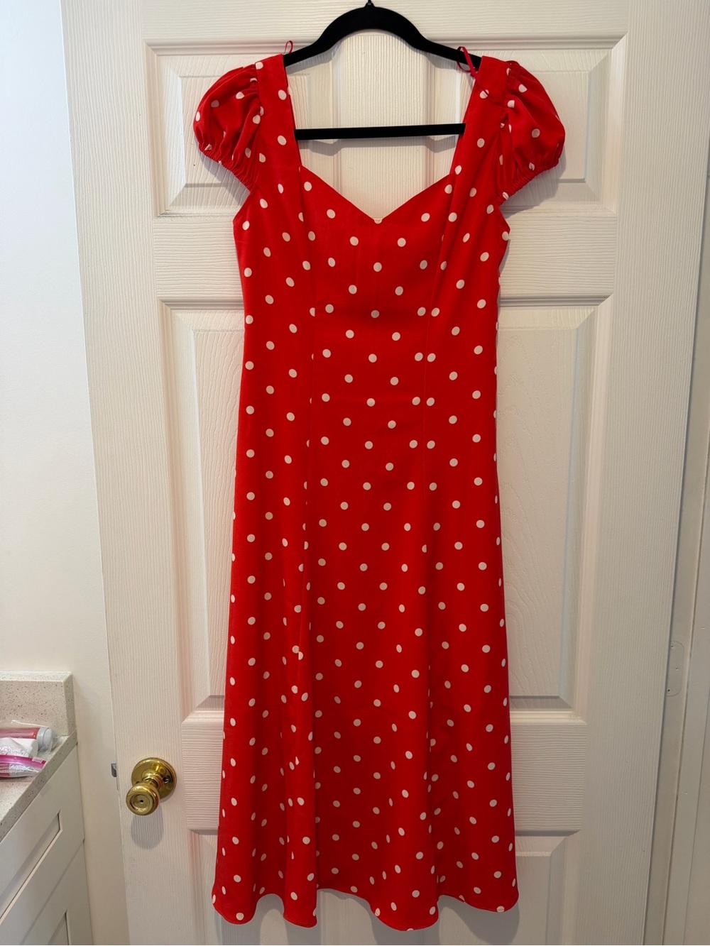 Express Red Polka Dot Maxi Dress with Puff Sleeves